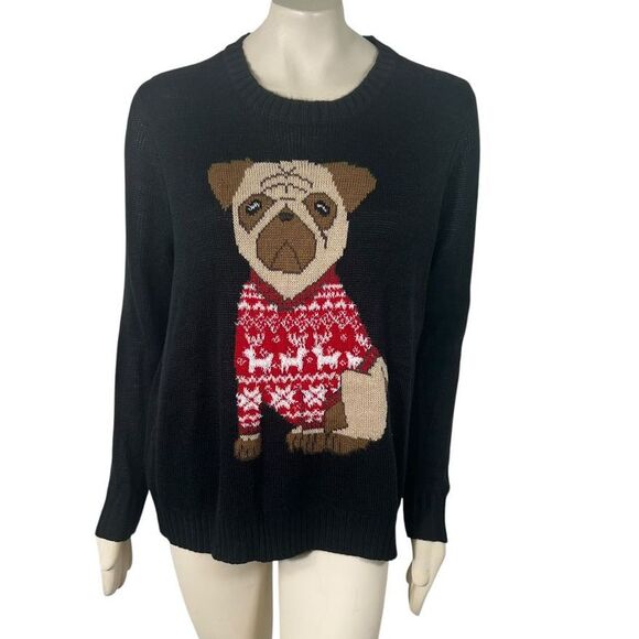 Absolutely Famous Ugly Christmas Dog Pug‎ Sweater Black Red XL - Picture 1 of 9